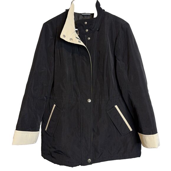 Nautica Coat Sz LP Women’s Black Ivory Polyester Zip Snap Jacket Missing Hood - Picture 1 of 16
